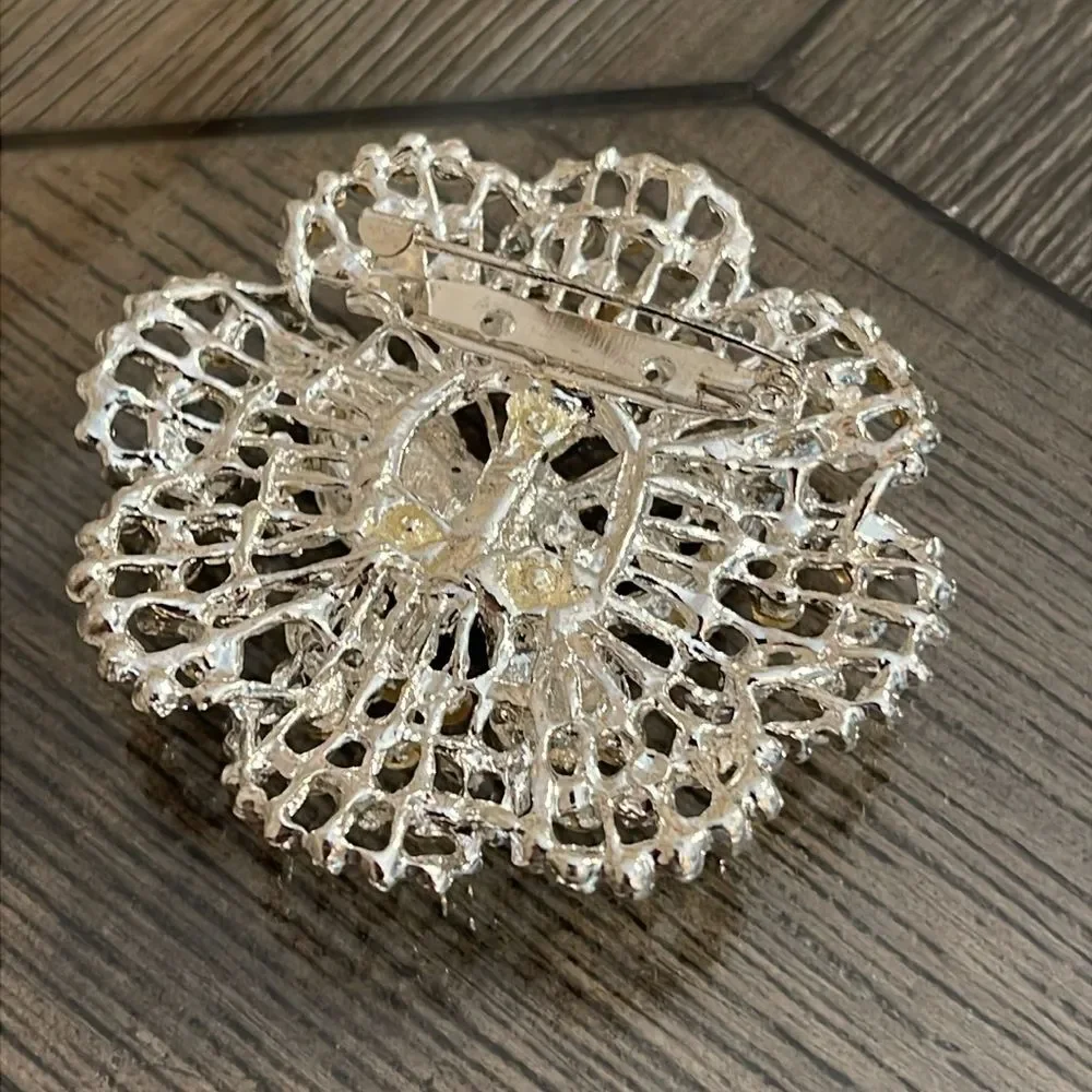 Vintage Style Rhinestone Brooch Flower Shape with a Butterfly in the Middle